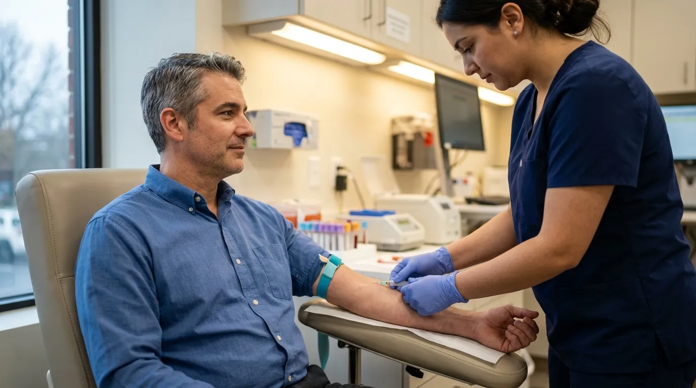 A relaxed man has blood drawn by a nurse in a clinic, a necessary step when exploring options like testosterone therapy.