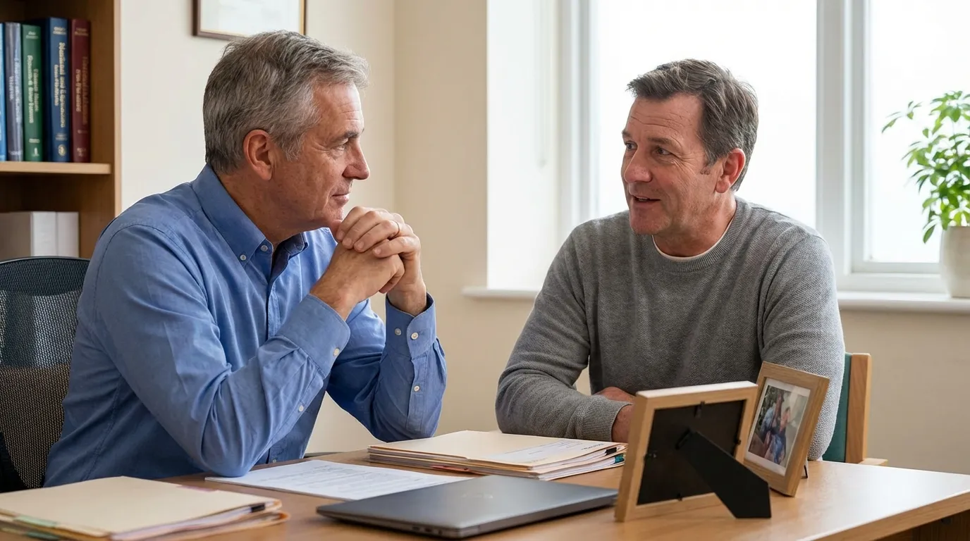 Two men engaged in a focused discussion at a table, a common scene where men explore health options like testosterone replacement therapy.