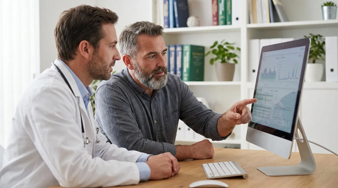 A doctor and an older man thoughtfully review health data on a computer screen, discussing progress with testosterone replacement therapy.