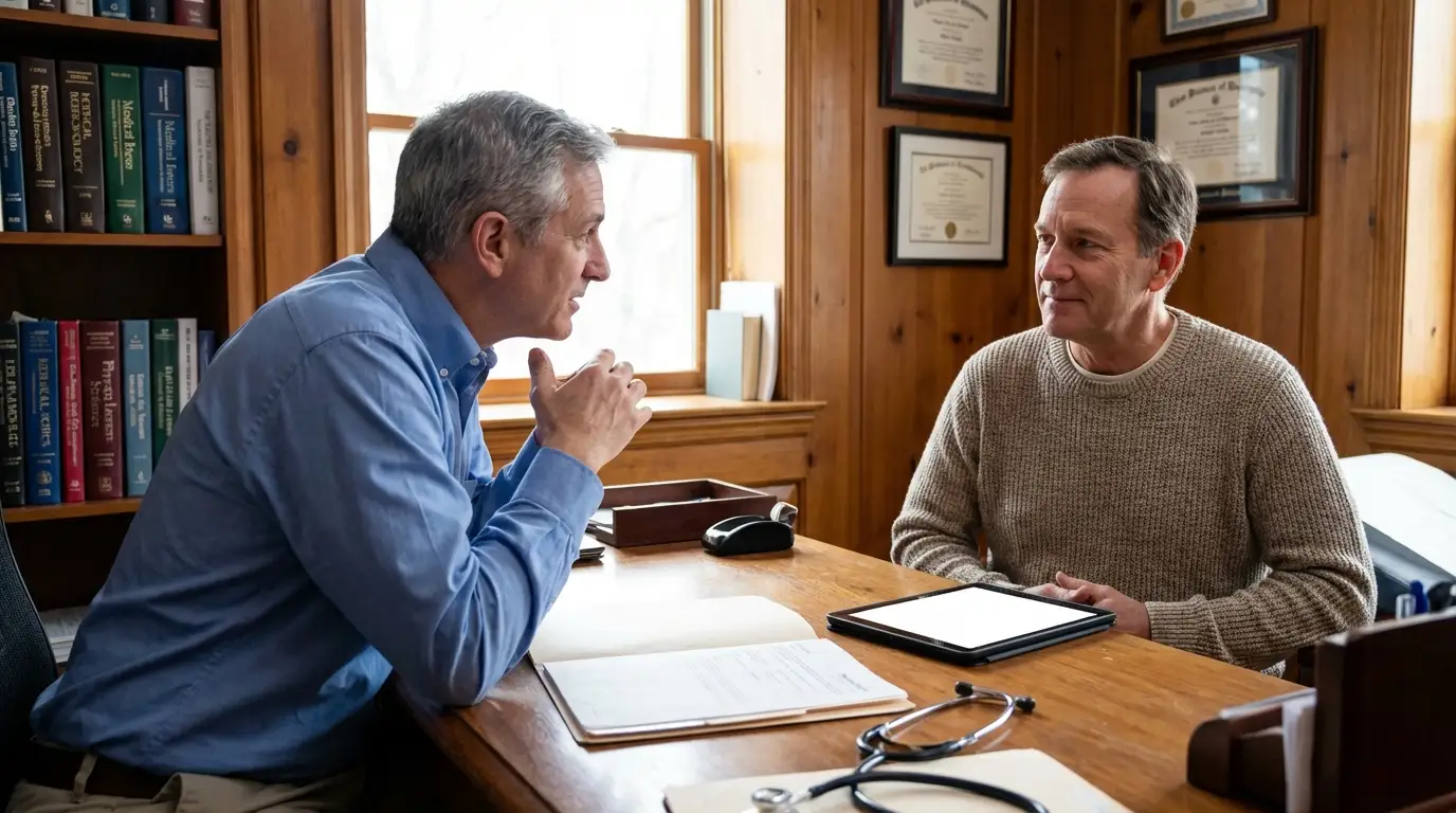 Two men discuss their health with a doctor in an office, considering the benefits of testosterone replacement therapy.