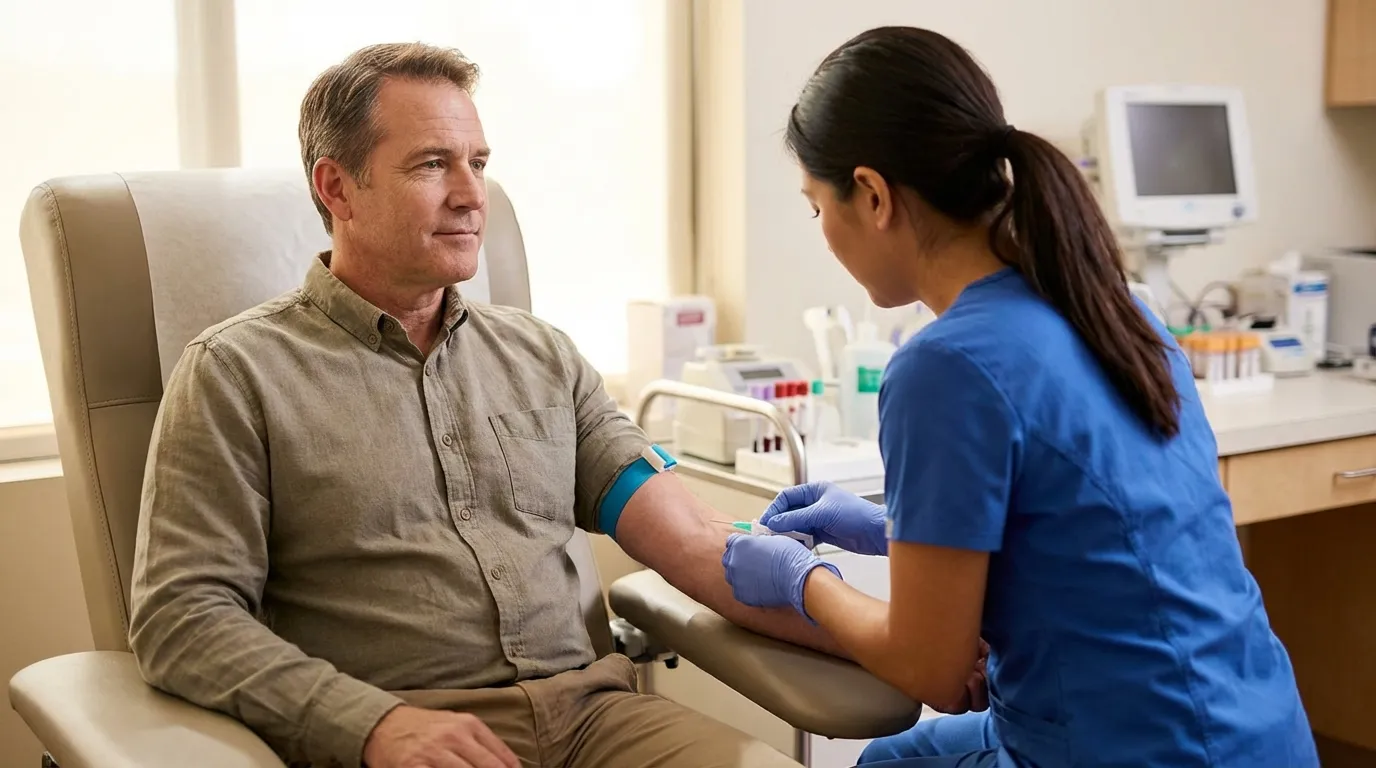 A man getting a blood draw from a nurse in a clinic, an important initial step for men exploring testosterone replacement therapy.