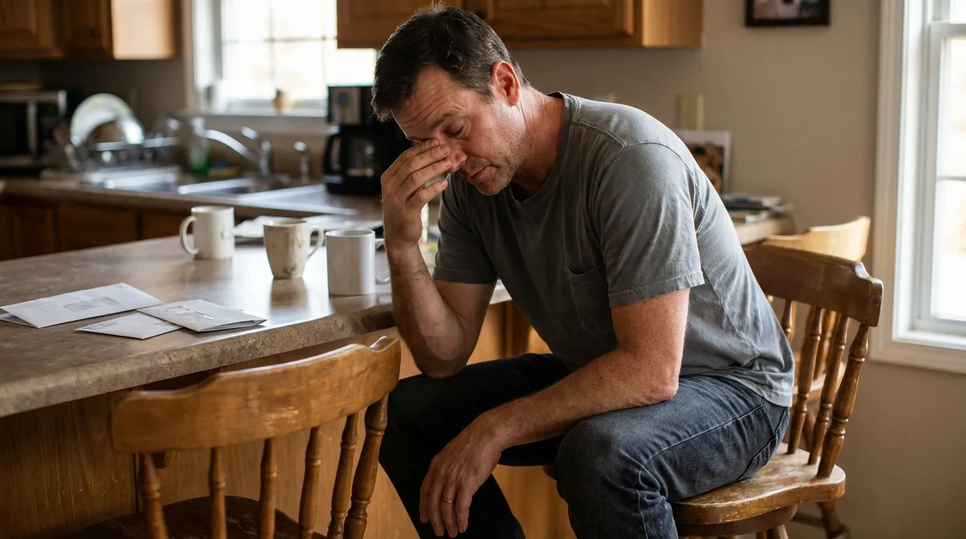 A distressed man holds his head at a kitchen counter with mail, reflecting the fatigue that often leads men to explore TRT.
