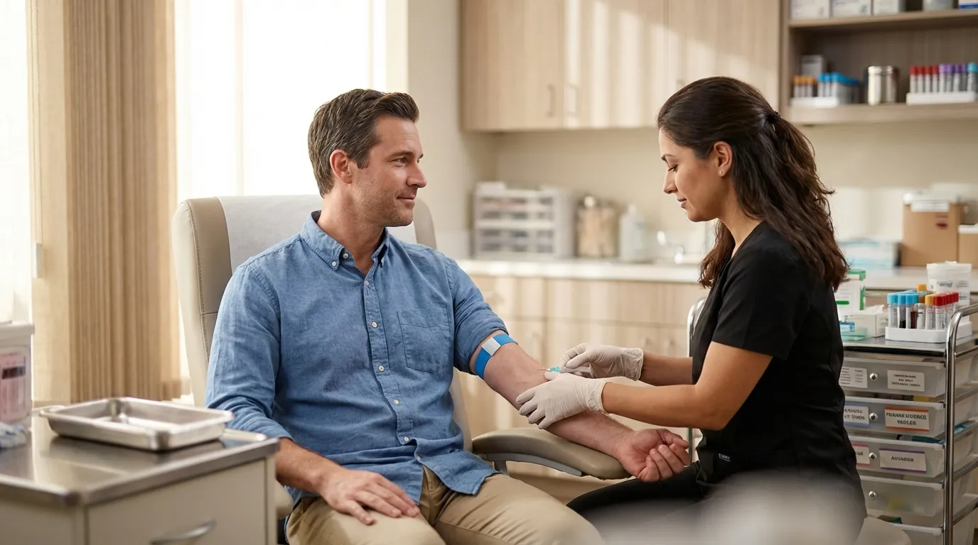 A man receives a blood draw from a nurse in a bright clinic, an essential step for those considering testosterone replacement therapy to feel well.