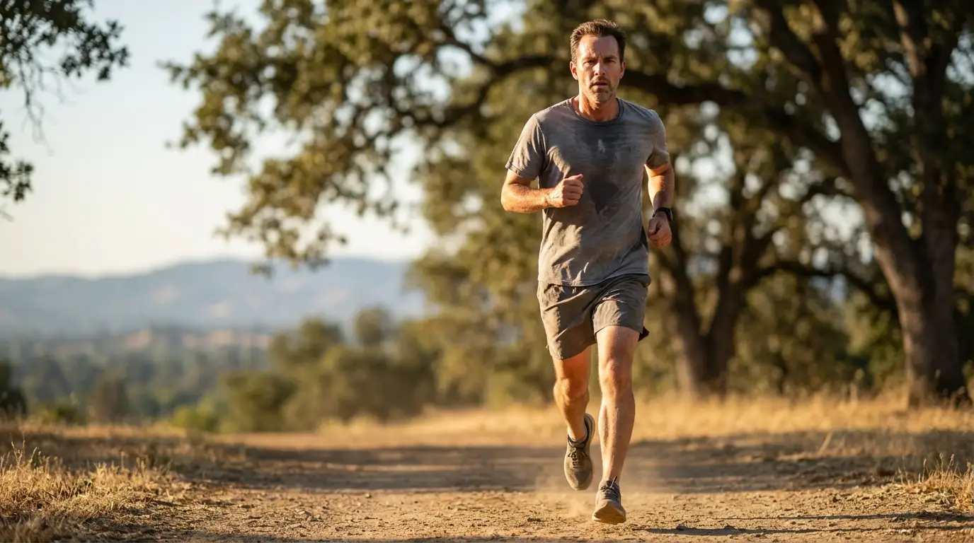 A focused man running on a sunny dirt trail, displaying the renewed energy many men experience with testosterone replacement therapy.