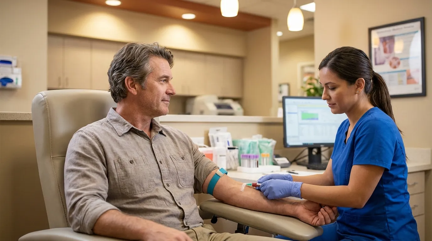 A focused nurse drawing blood from a man's arm in a clean clinic, a routine step for those considering testosterone therapy.