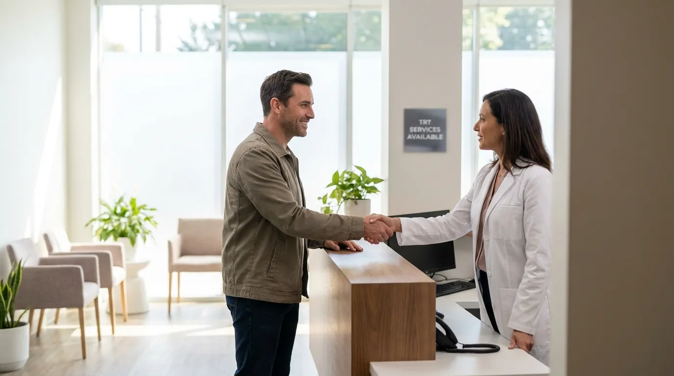 A smiling man warmly greets a doctor at a clinic reception, ready to start his testosterone replacement therapy.