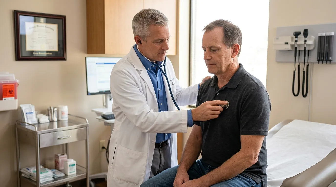 A doctor examines a man with a stethoscope, a vital clinic step for men exploring testosterone therapy to enhance vitality.