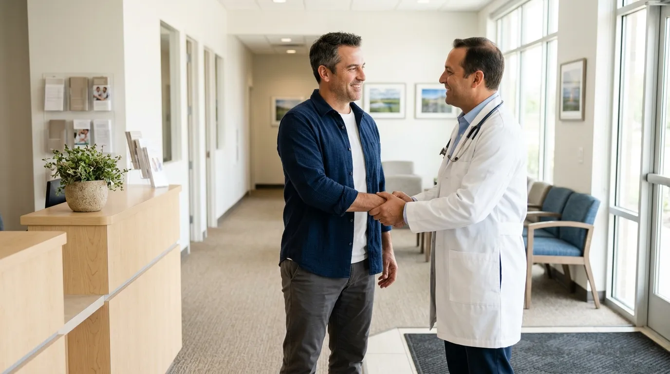 A smiling doctor warmly greets a man in a modern clinic, highlighting the welcoming approach to effective testosterone therapy.