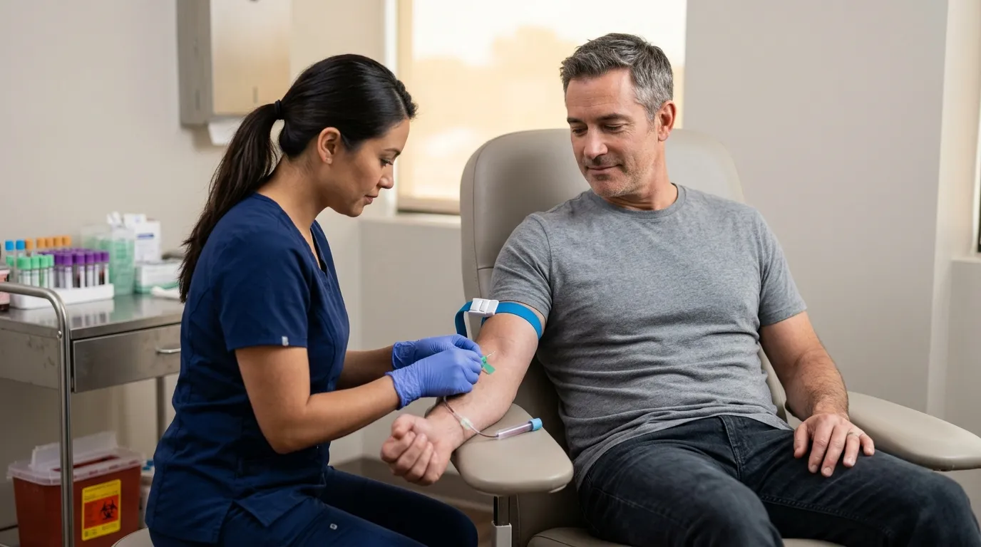 A skilled nurse draws blood from a seated man in a bright clinic, a necessary step for evaluating health before starting testosterone therapy.