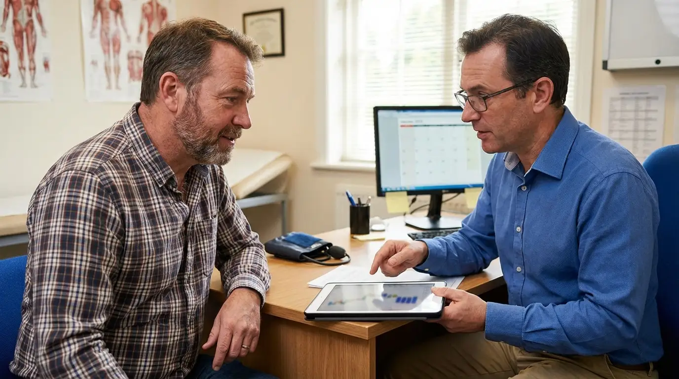 Doctor explaining testosterone replacement therapy options to patient