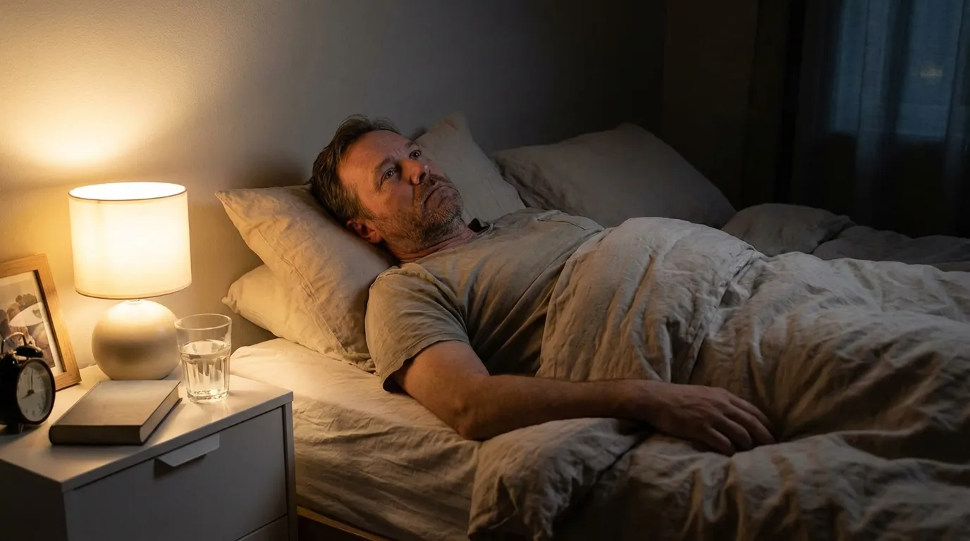 A thoughtful man lies awake in bed, experiencing the low energy that often leads men to explore testosterone therapy.
