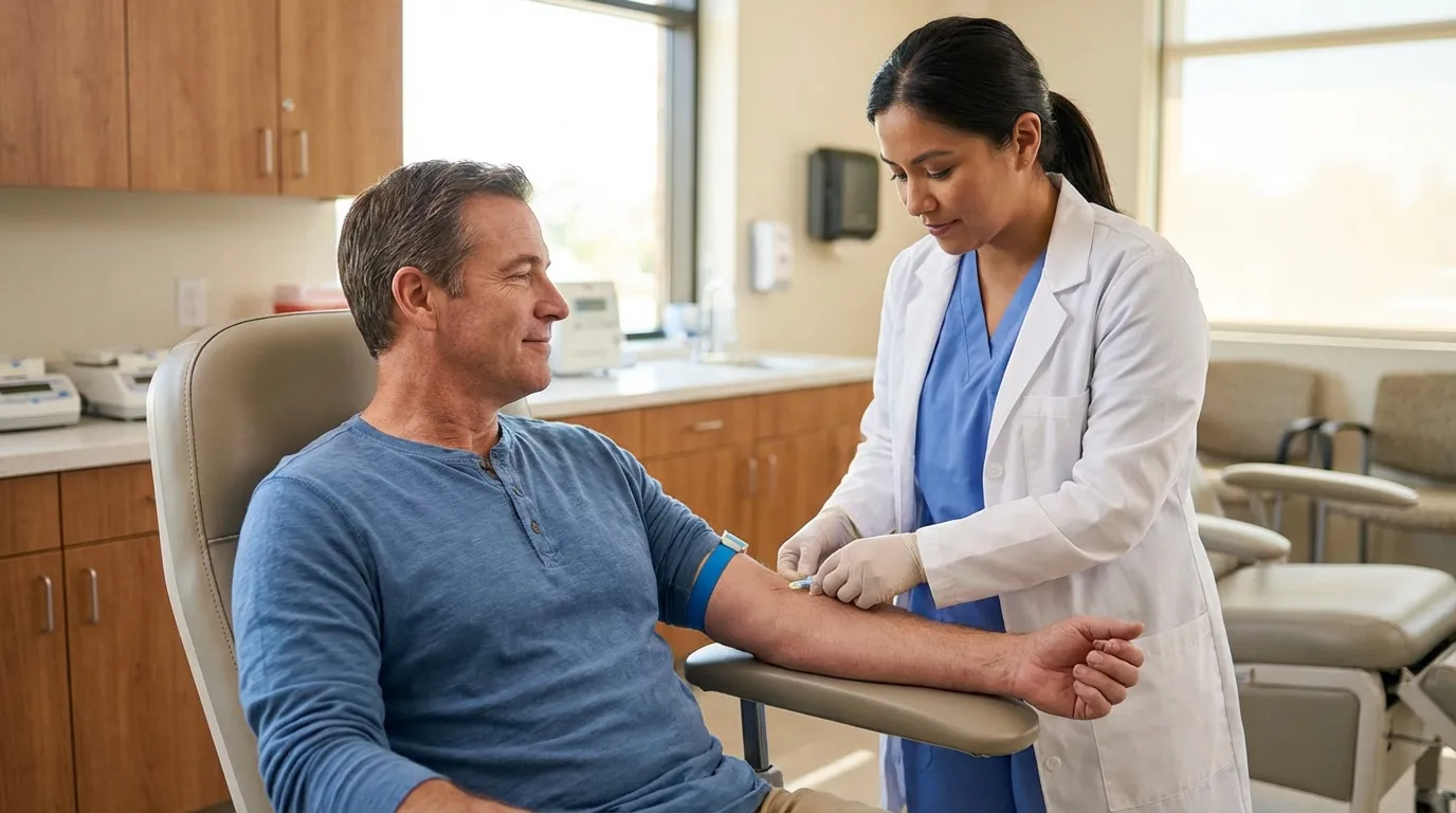 A smiling man calmly receives a blood draw from a nurse in a bright clinic, an essential step in exploring testosterone replacement therapy.