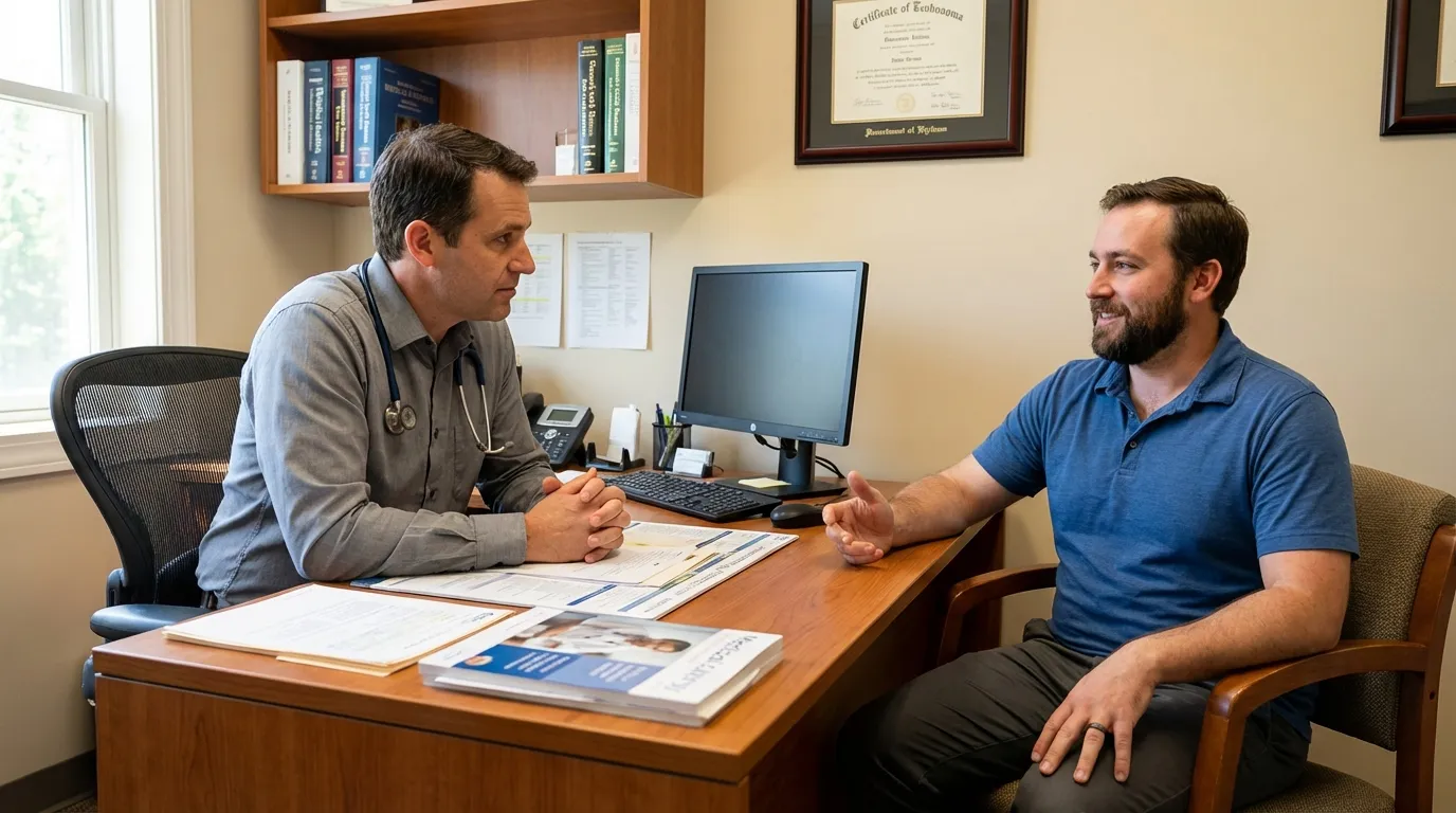 A doctor with a stethoscope consults a man gesturing at a desk, discussing options for testosterone replacement therapy.