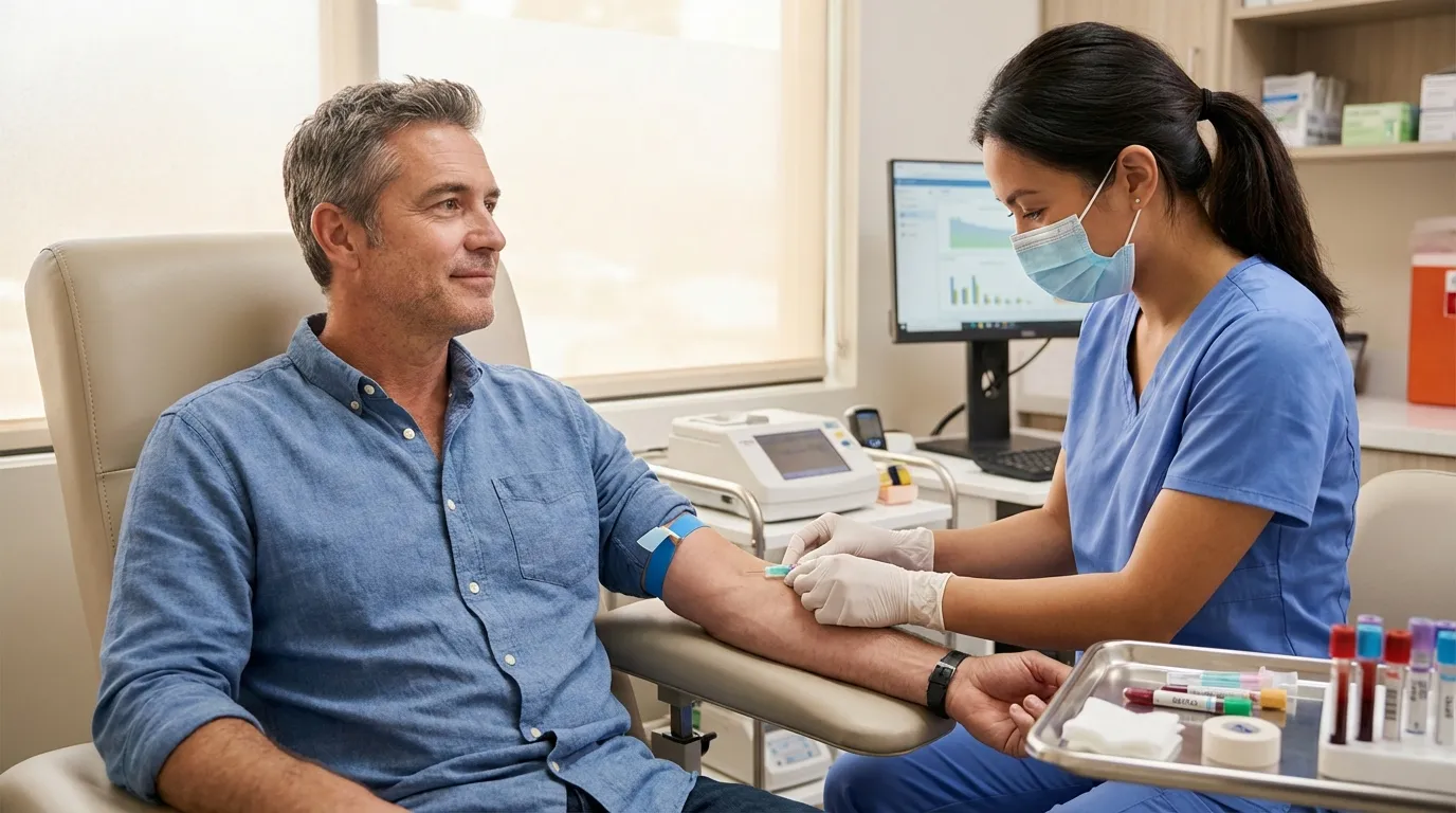 A calm father receiving a blood draw from a nurse in a medical office, an important step in exploring testosterone replacement therapy.