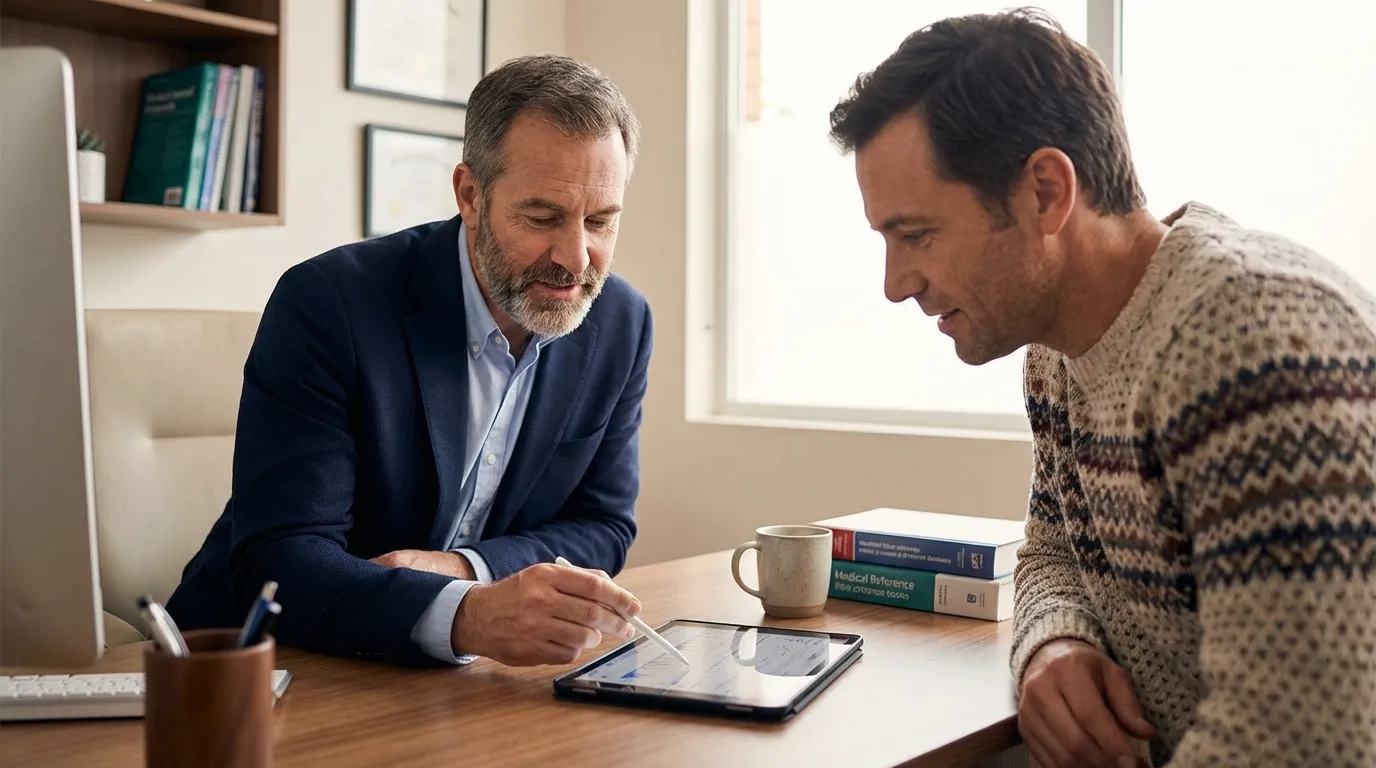 Two men thoughtfully review data on a digital tablet, discussing crucial health information for successful testosterone replacement therapy.