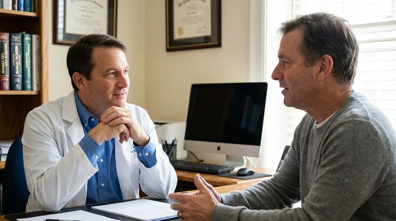 A kind doctor discusses options with a man, guiding him through the benefits of testosterone therapy in a comfortable office setting.