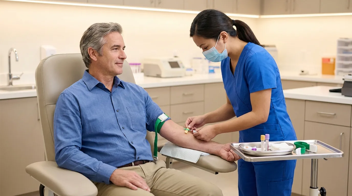 A calm man in a medical chair has blood drawn by a nurse, a common step in exploring testosterone replacement therapy.
