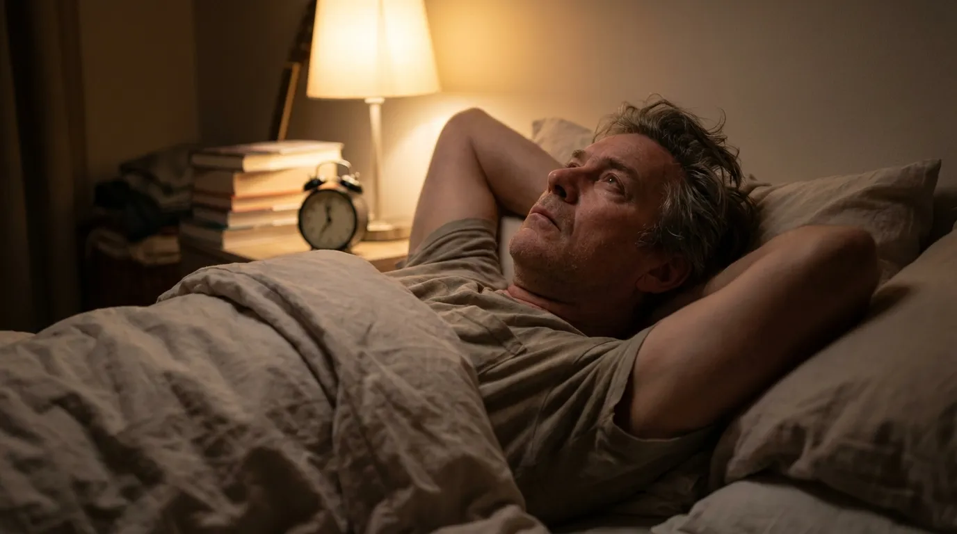 A man lies awake in bed with a lamp on, looking pensive and restless, a common sign that many men explore testosterone therapy.
