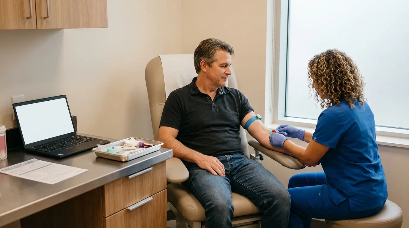 A man gets his blood drawn by a nurse in a bright clinic, a necessary initial step for men exploring testosterone replacement therapy.