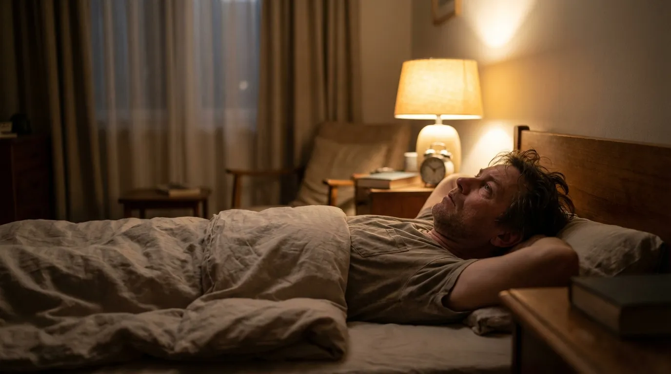 A man lies awake in bed, experiencing the restless nights and low energy that often lead men to explore testosterone therapy.