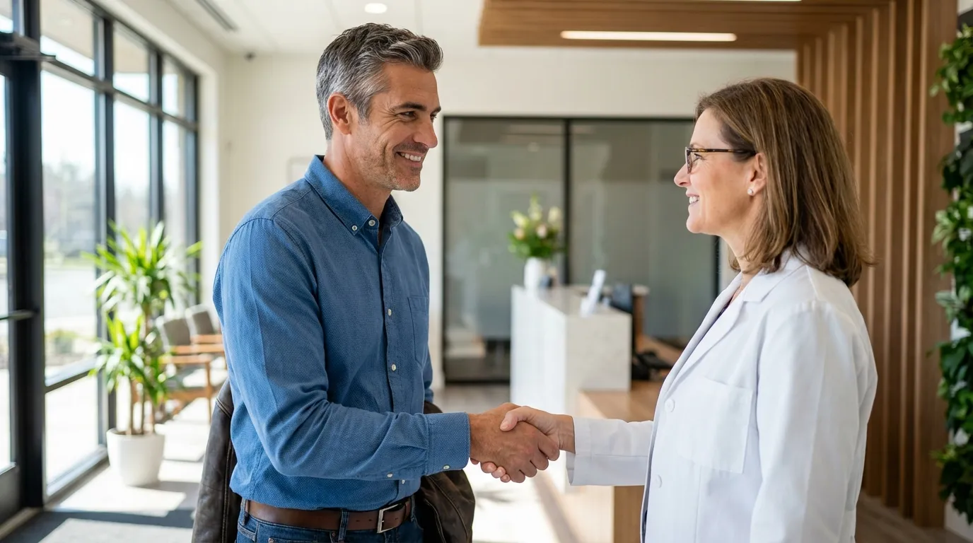 A smiling man shakes hands with a welcoming doctor in a modern clinic, confidently beginning his testosterone replacement therapy journey.