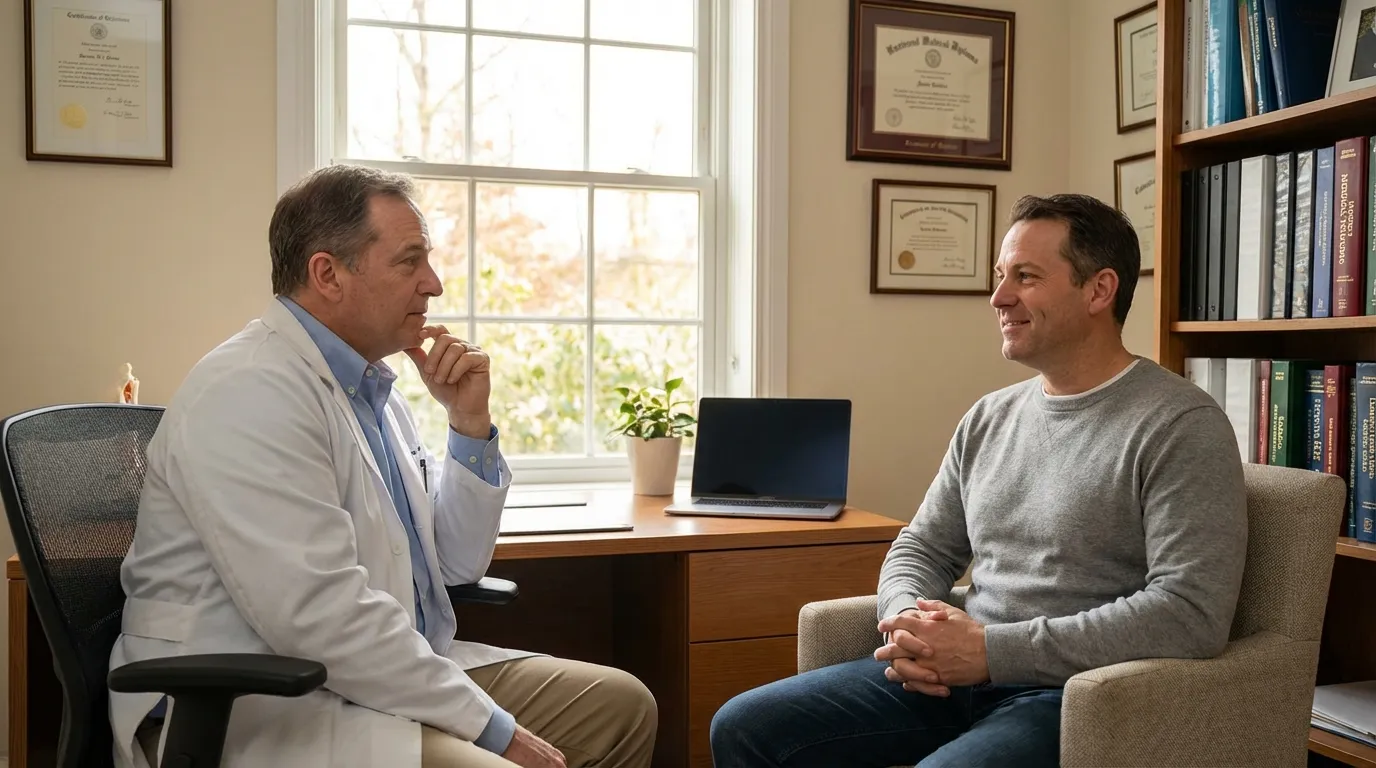 A doctor thoughtfully consults with a man who is smiling, discussing the positive effects of testosterone replacement therapy.