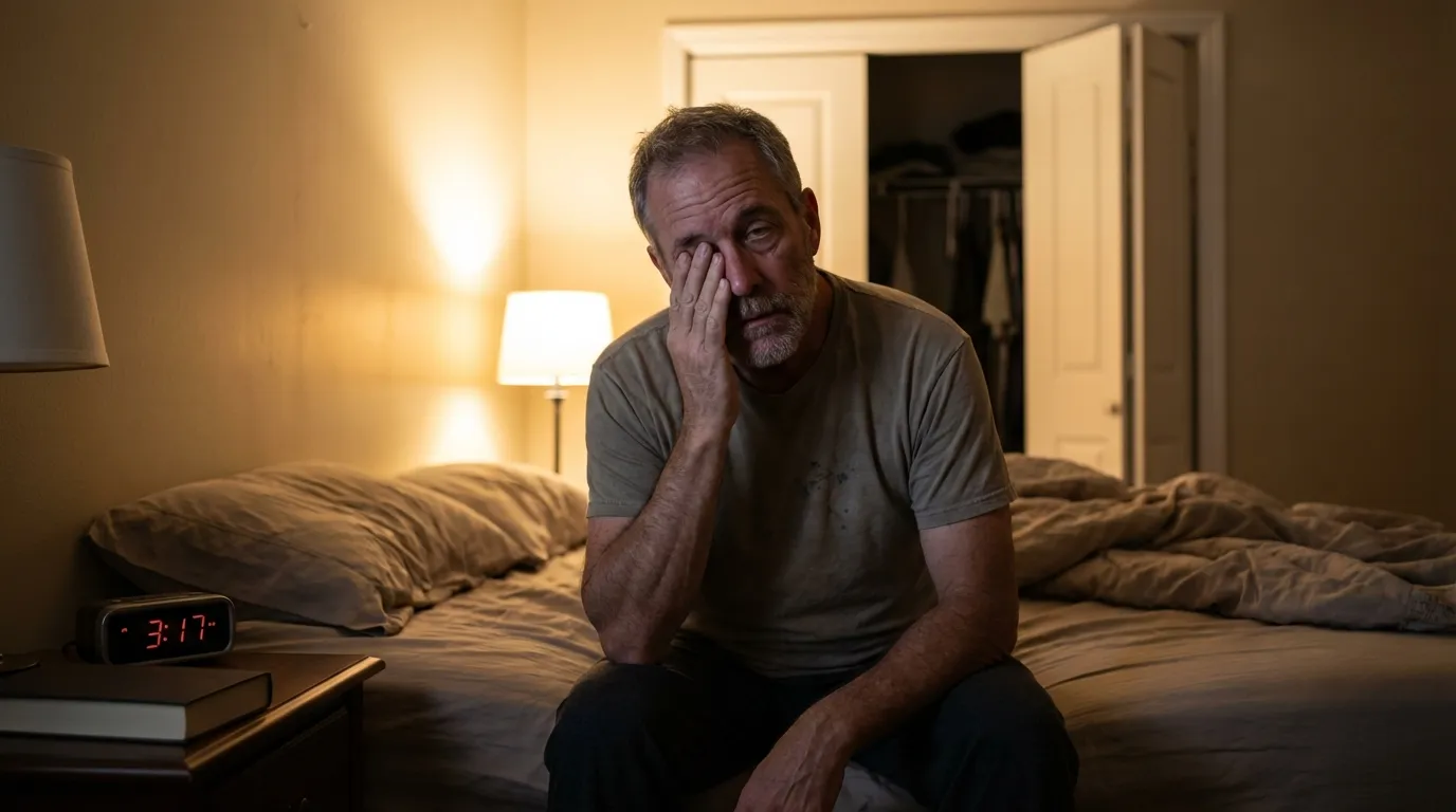 A tired father struggles with sleeplessness early in the morning, a common issue that often leads men to explore testosterone replacement therapy.