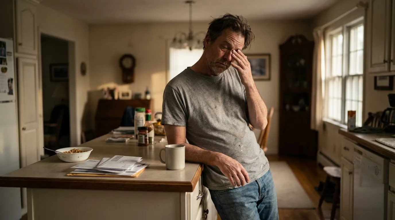 A weary man rubs his eyes in a kitchen, experiencing the daily fatigue that often leads men to explore testosterone therapy.