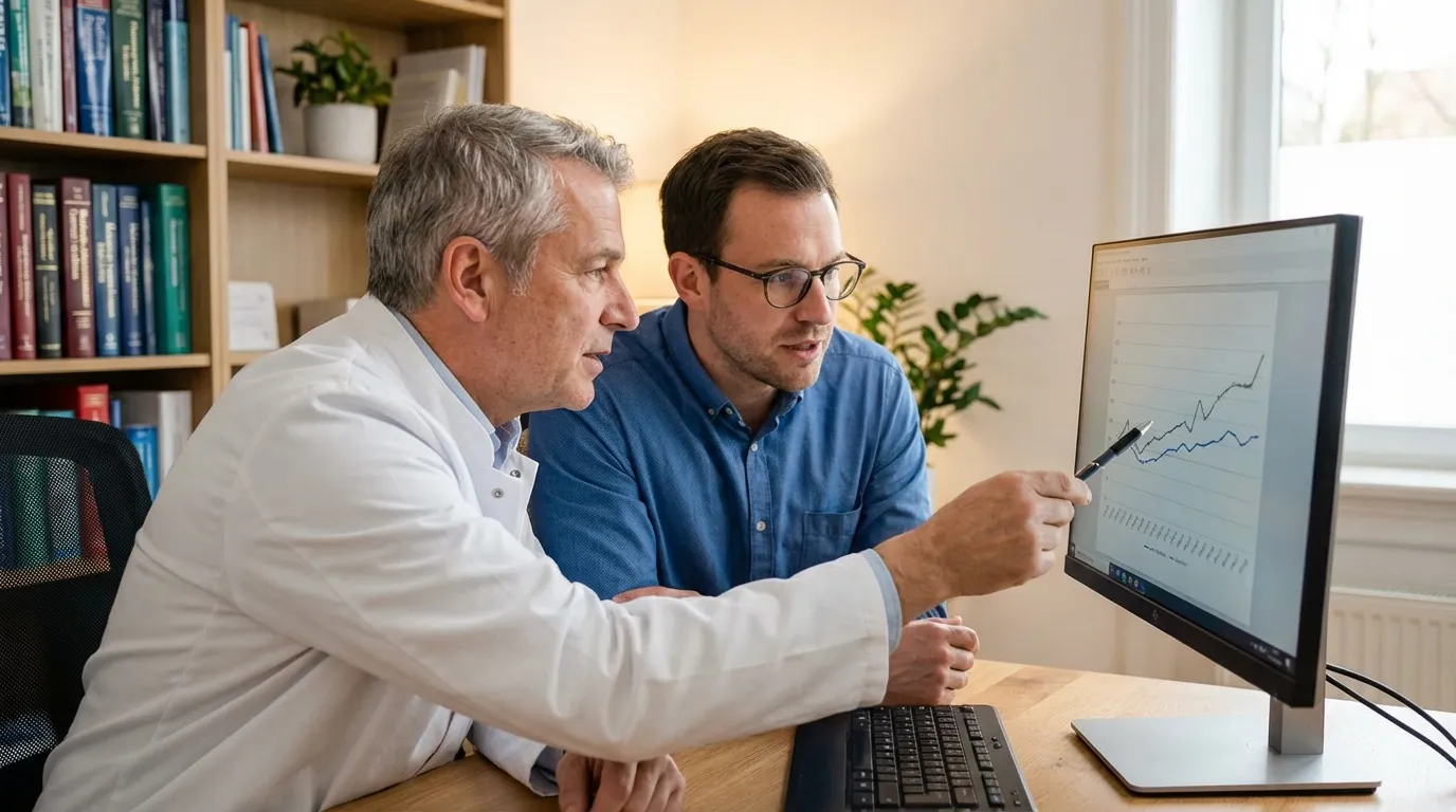 A doctor in a white coat explains a graph on a computer to a man, discussing the progress possible with testosterone replacement therapy.