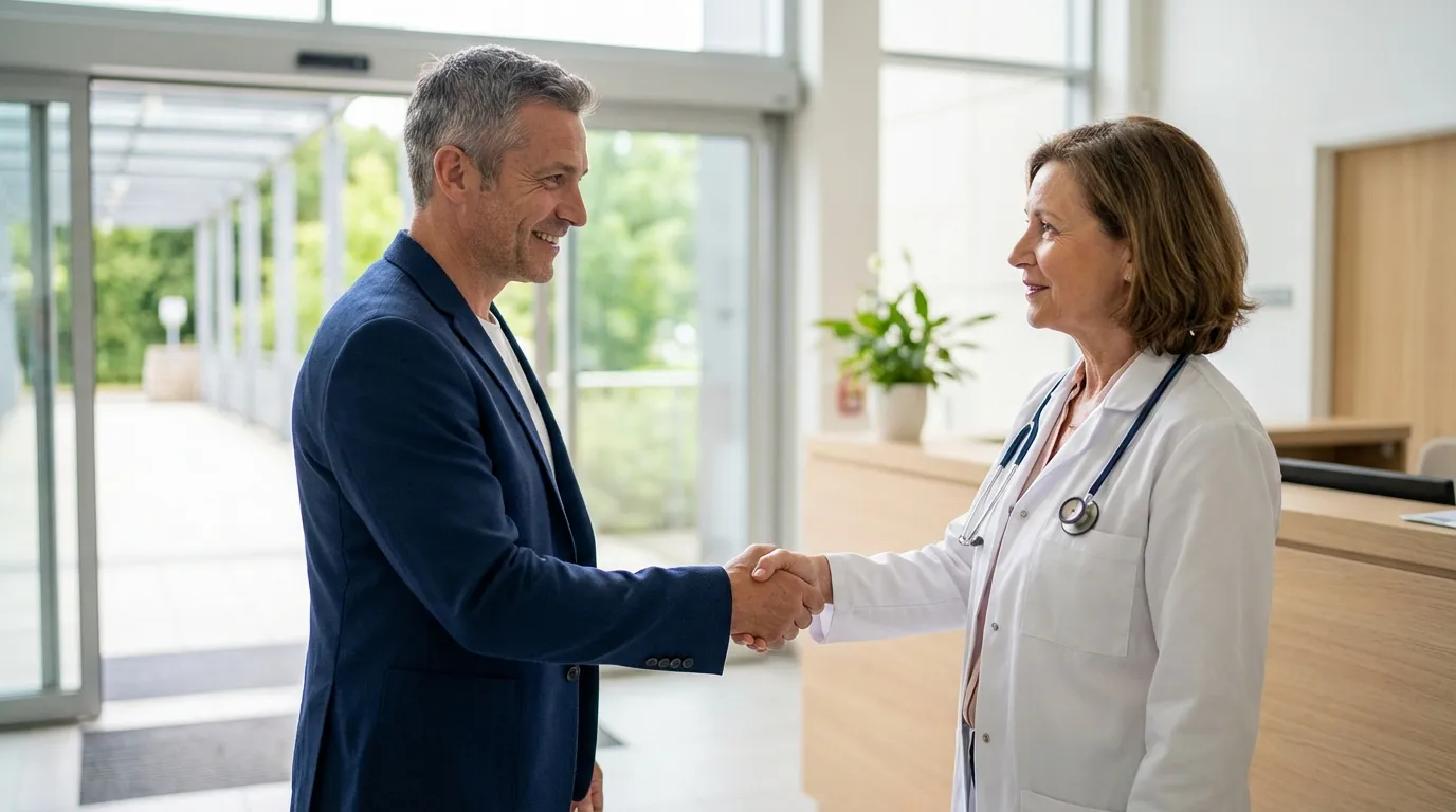 A smiling father shakes hands with a doctor, representing the positive first step many men take towards testosterone therapy.