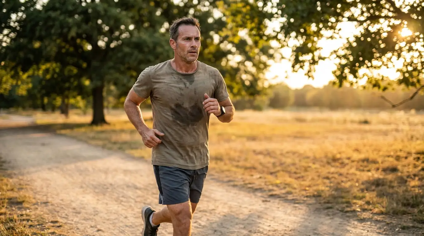 A focused man sweats while running outdoors at golden hour, a level of activity often boosted by testosterone therapy.