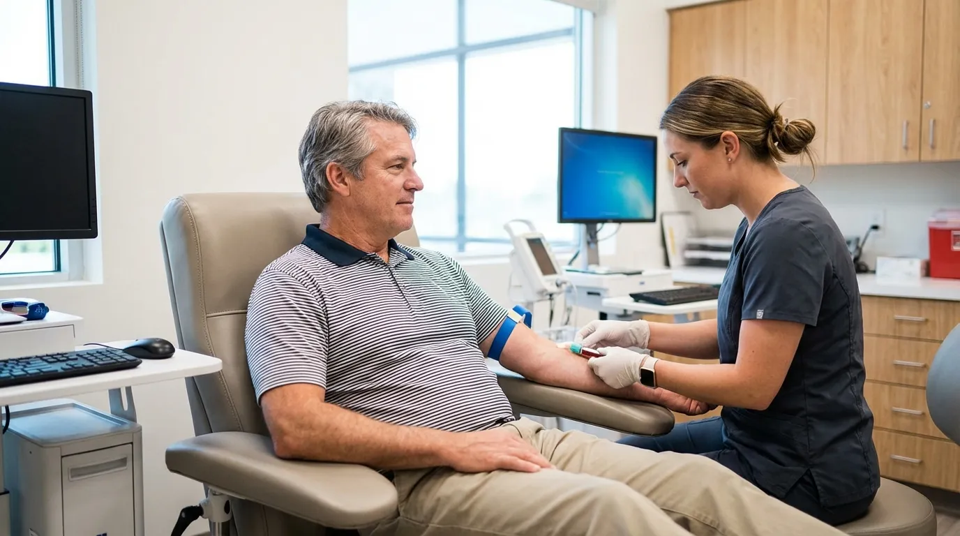 A man receives a blood draw from a nurse in a clinic, an essential step when considering testosterone replacement therapy.