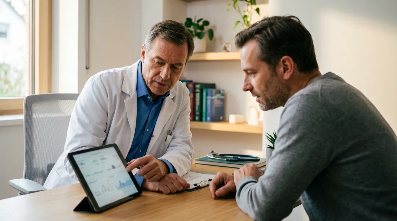 A doctor in a white coat shows data on a tablet to an attentive man, discussing his progress with testosterone replacement therapy.