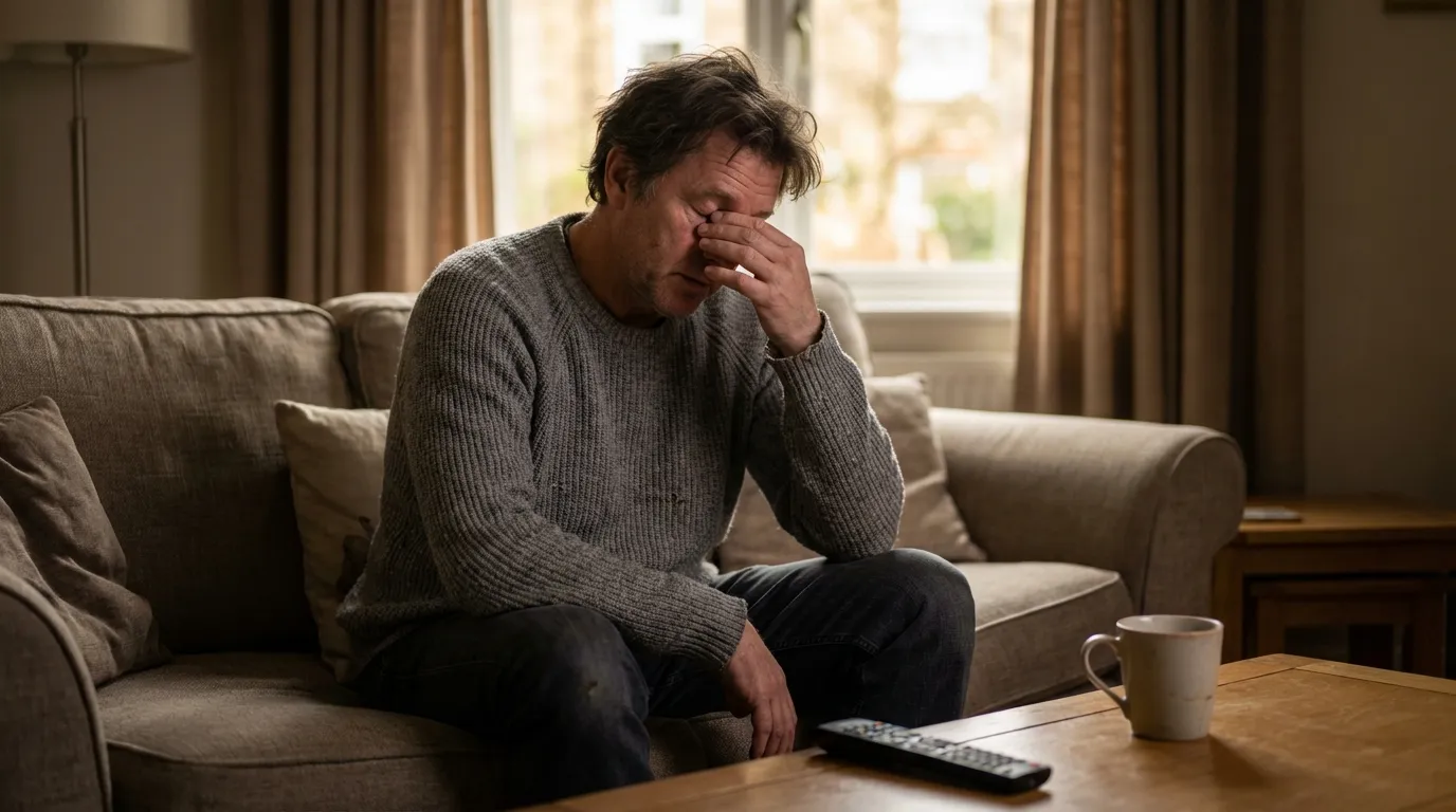 A man sits on his couch with his hand on his face, showing the deep fatigue that leads many men to explore testosterone replacement therapy.