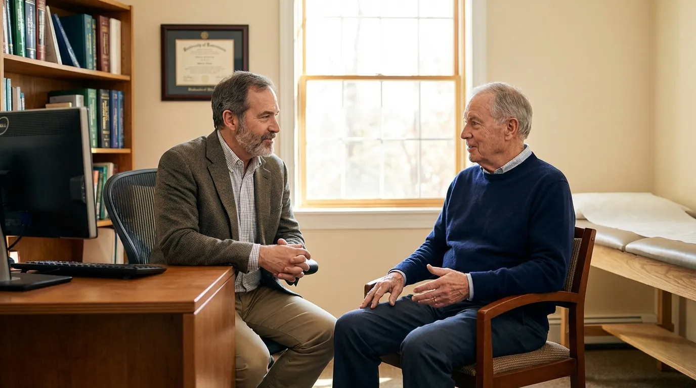 A compassionate doctor attentively consults an older man in his office, a crucial conversation for men exploring TRT.