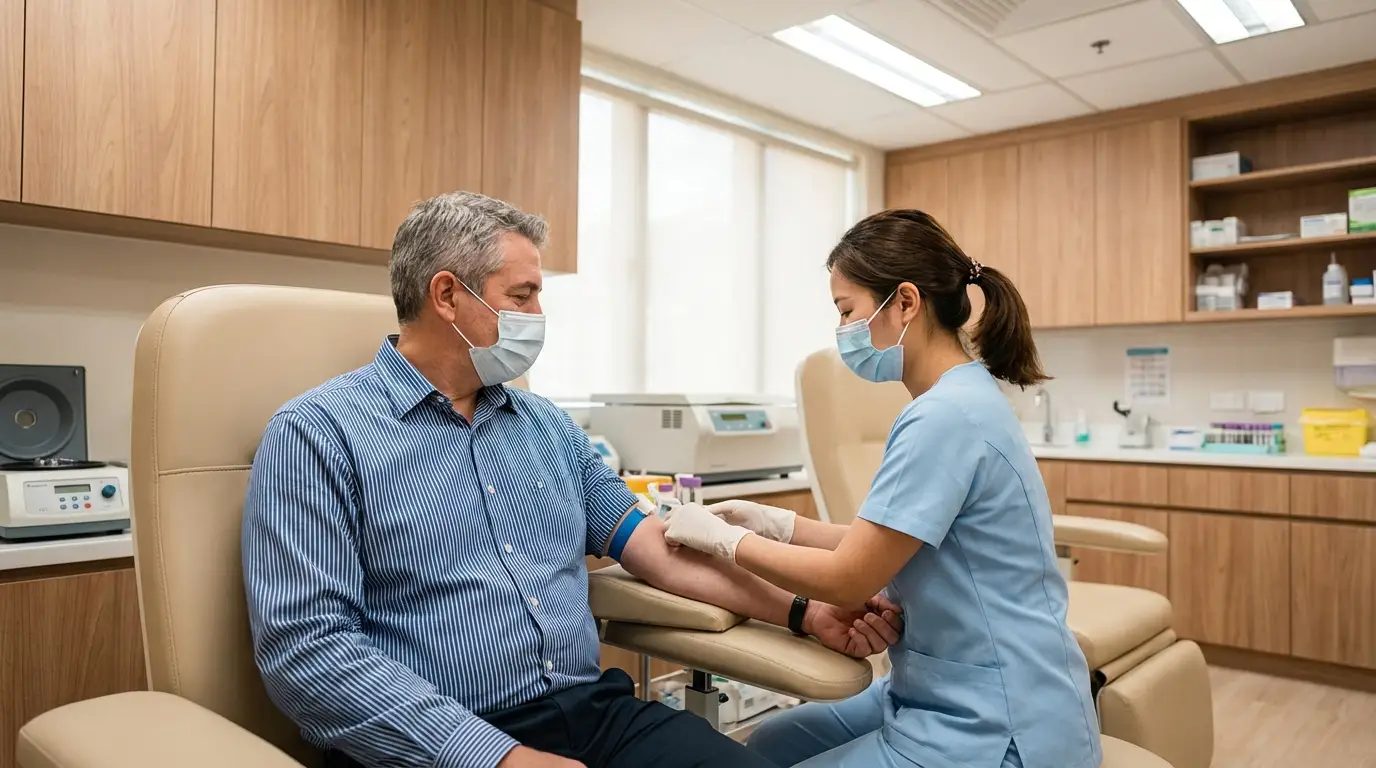 An older man wearing a mask sits for a blood draw by a nurse, often an initial step in exploring testosterone replacement therapy.