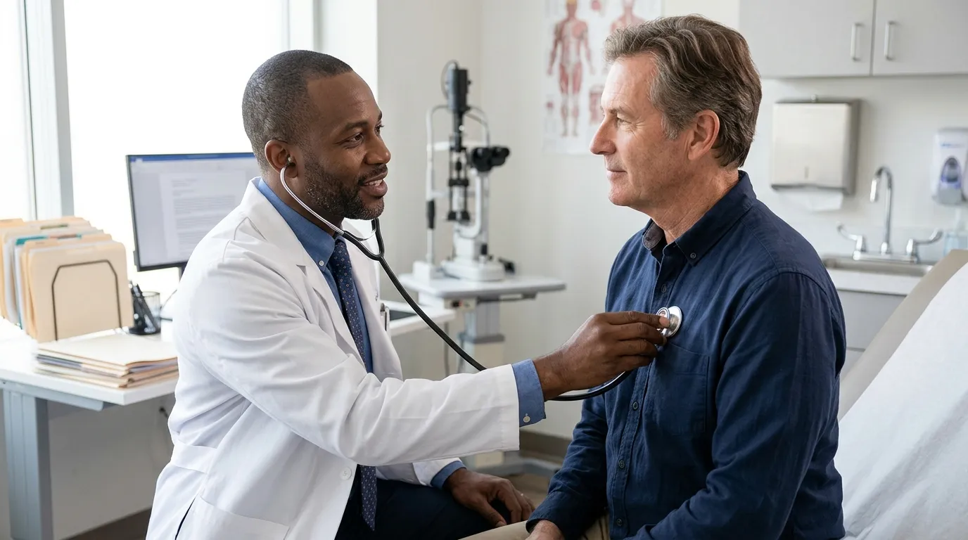 A doctor with a stethoscope listens to an older man's chest during a health check, essential for men considering testosterone therapy.
