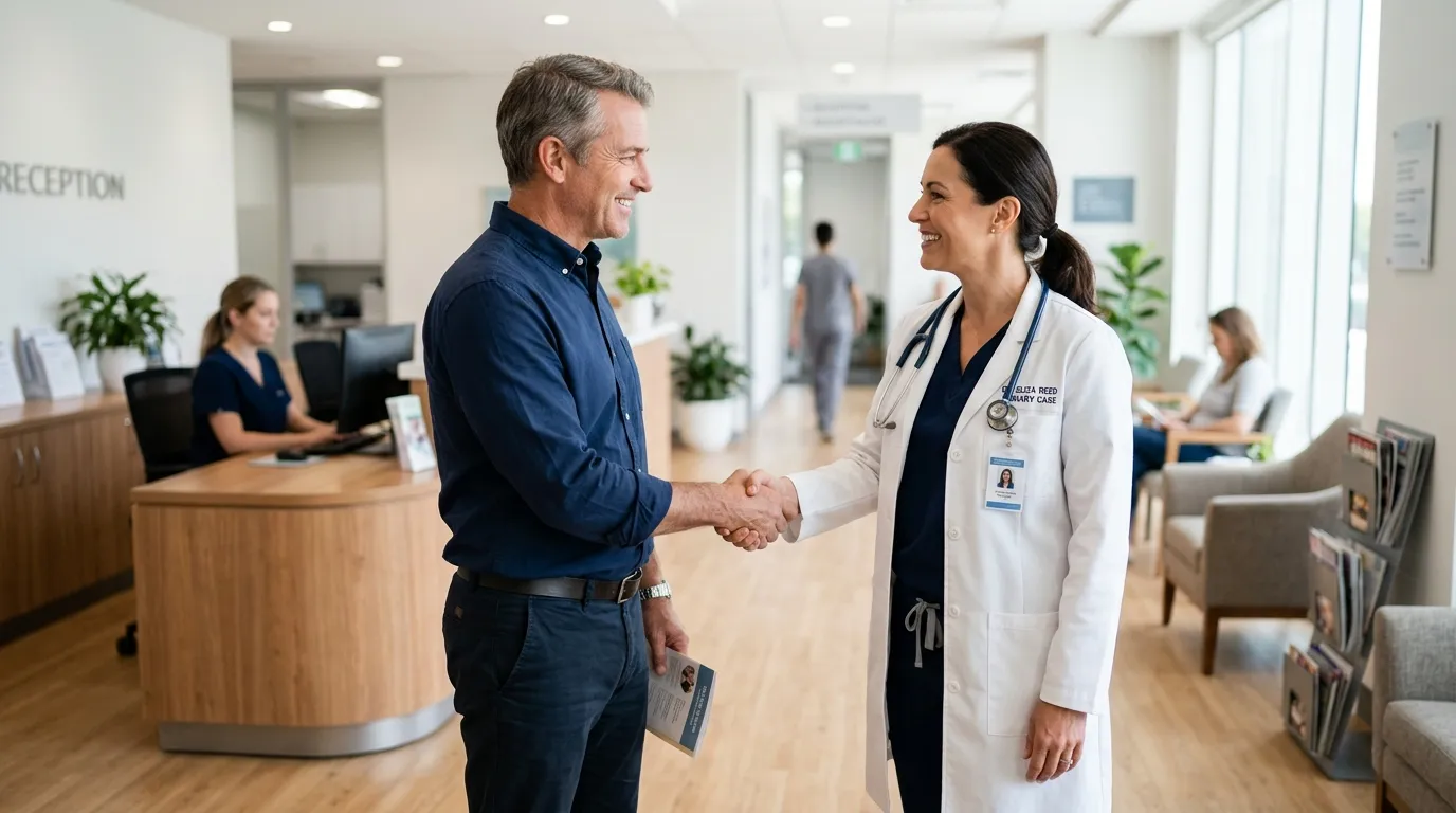 A smiling father shakes hands with a friendly doctor in a clean medical office, a welcoming step towards exploring testosterone therapy.