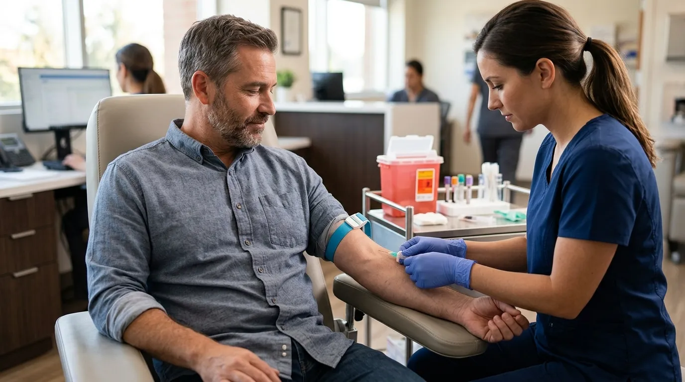 A clinic visitor smiles slightly as a nurse draws his blood, a common initial step for men considering testosterone replacement therapy.