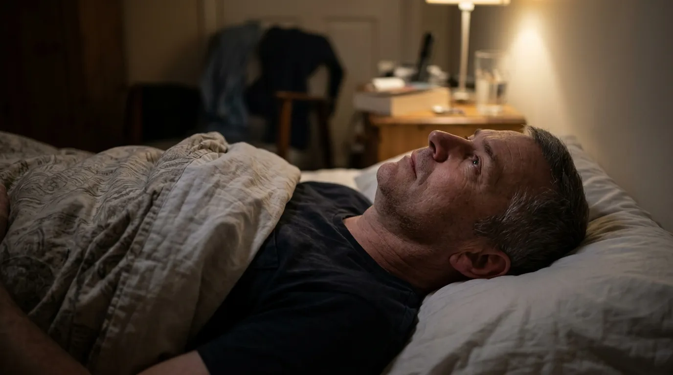A father lies awake in a dimly lit bedroom, struggling with the sleeplessness that prompts many men to consider testosterone therapy.