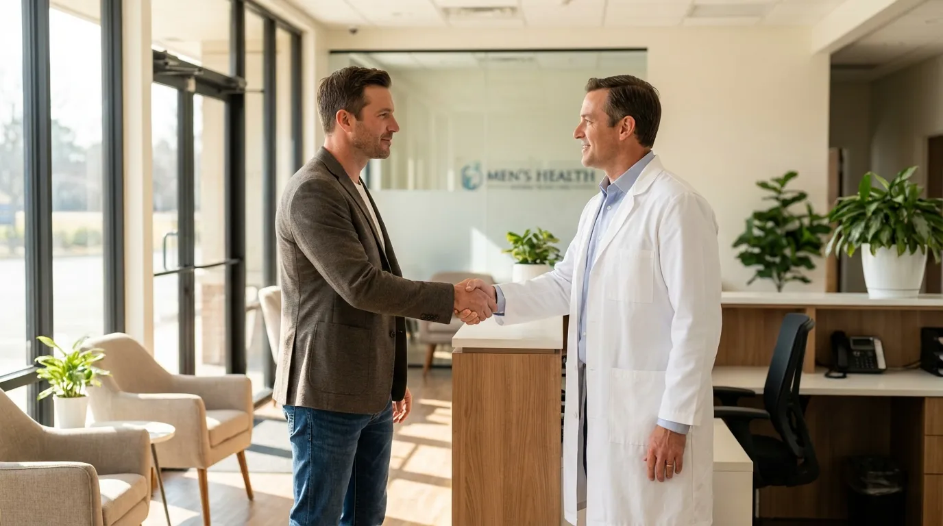 A doctor in a white coat warmly shakes hands with a man in a modern clinic lobby, beginning his testosterone therapy.