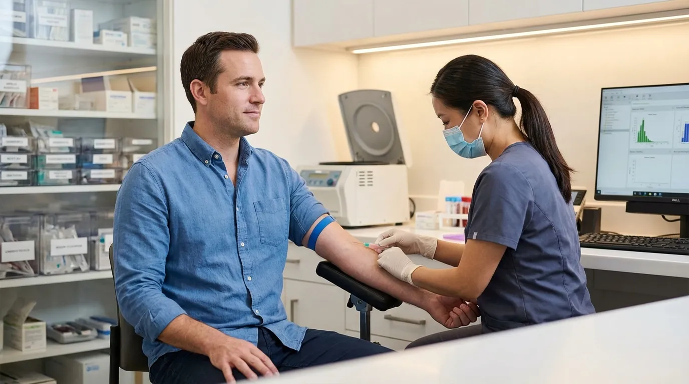 A young man calmly undergoes a blood draw by a nurse in a modern clinic, often an initial step when exploring testosterone therapy.