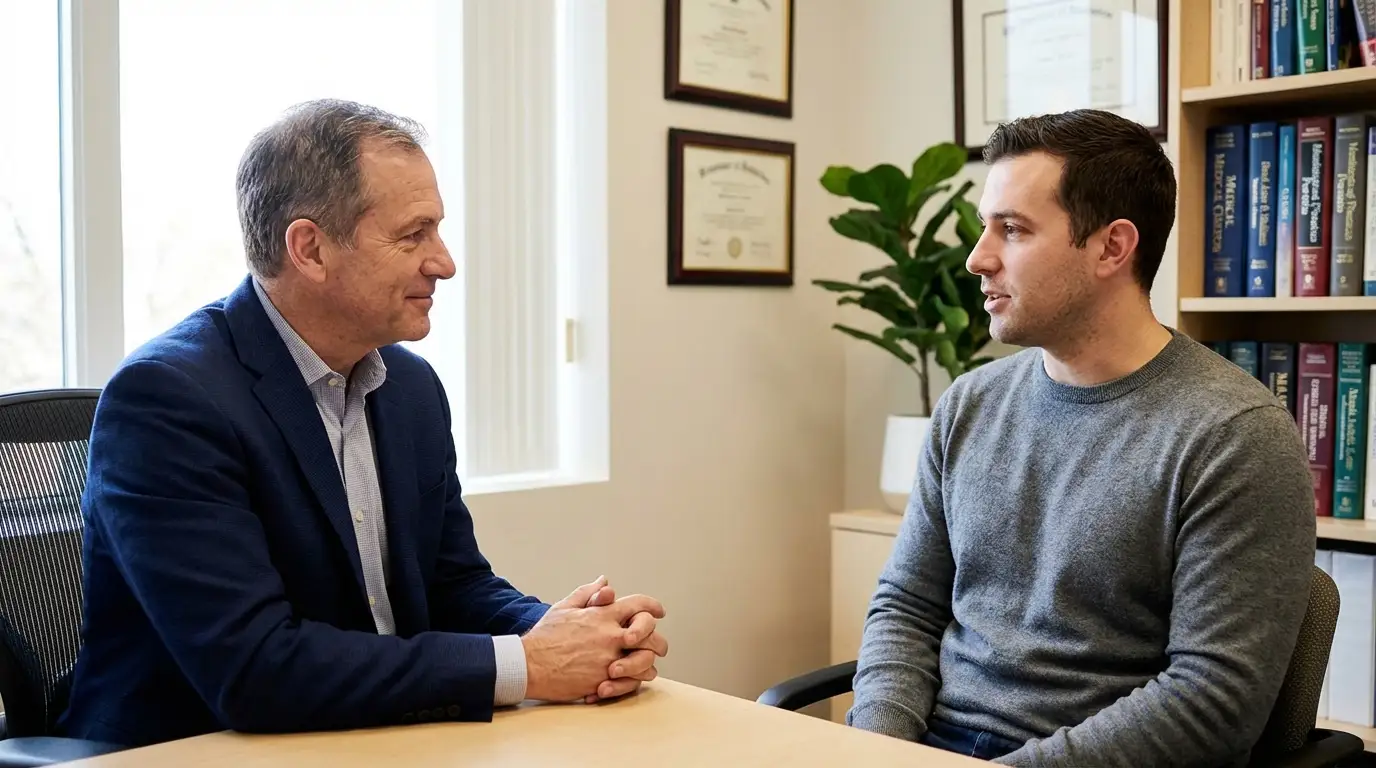 An older professional provides guidance to a younger man in an office, illustrating the helpful discussions men have about testosterone therapy.