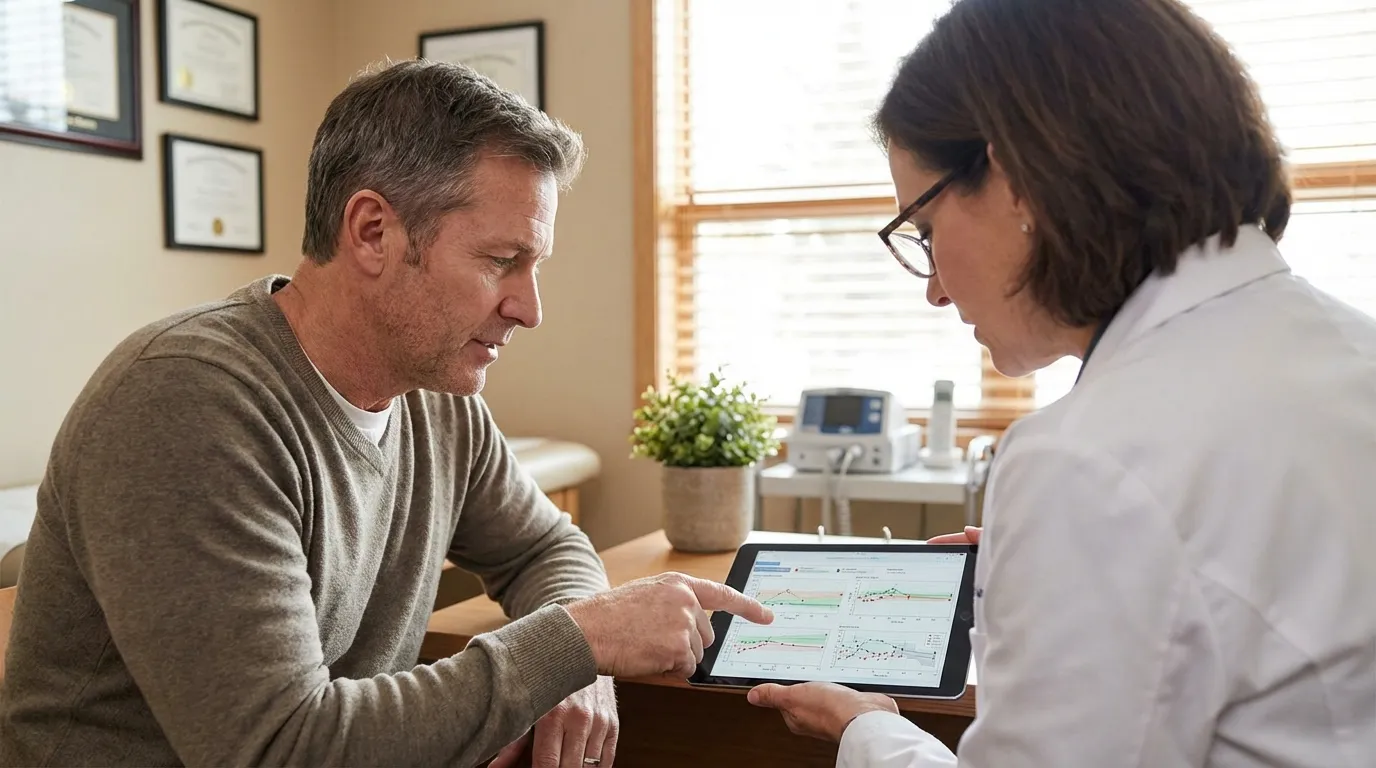 A doctor shows a middle-aged man medical graphs on a tablet, highlighting the positive impact of testosterone replacement therapy.