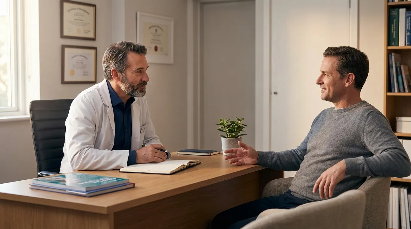 A smiling man actively discusses his health with a compassionate doctor during a consultation, exploring options like testosterone therapy.