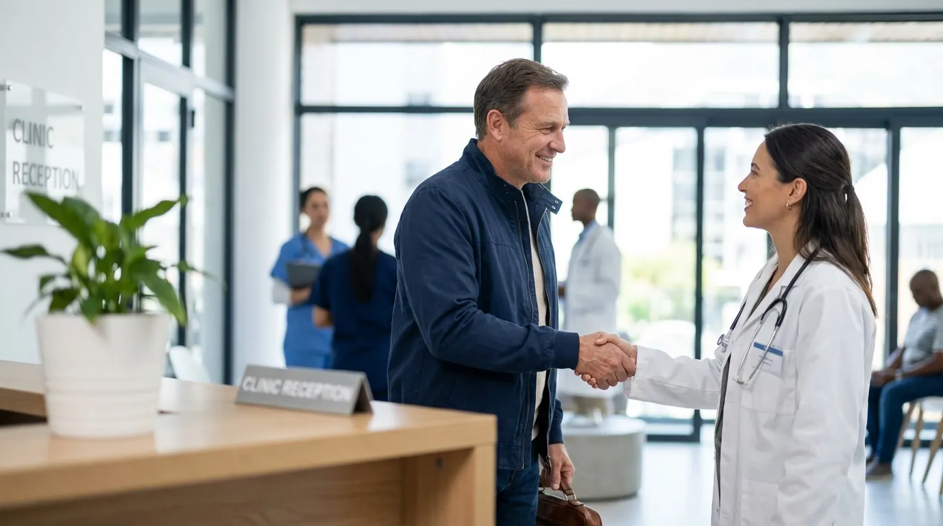 A smiling man shakes hands with his doctor in a bright clinic reception area, beginning his journey with testosterone therapy.