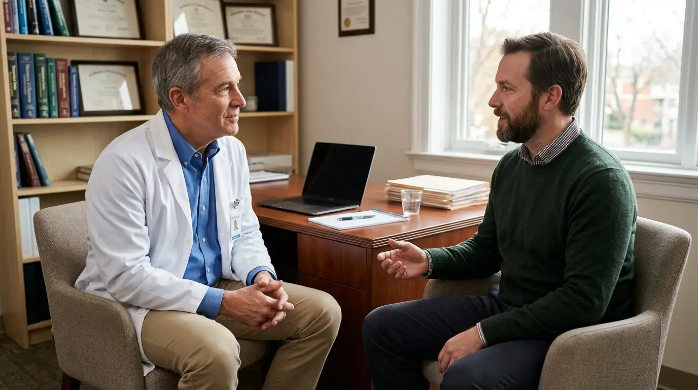 A doctor consults with a man in a calm office setting, exploring important health options like testosterone therapy for renewed well-being.