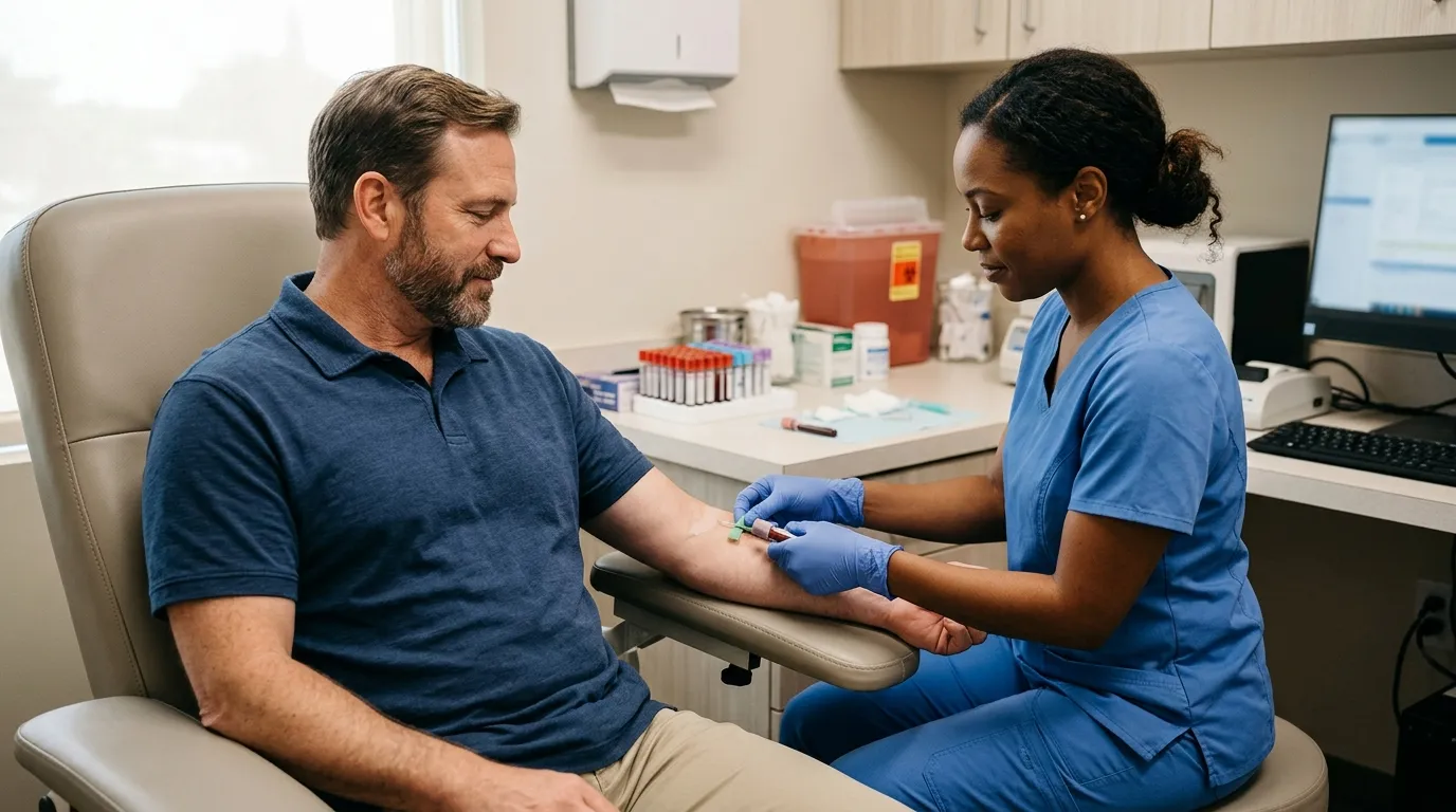 A skilled nurse in blue scrubs carefully draws blood from a man's arm for important lab work related to testosterone replacement therapy.