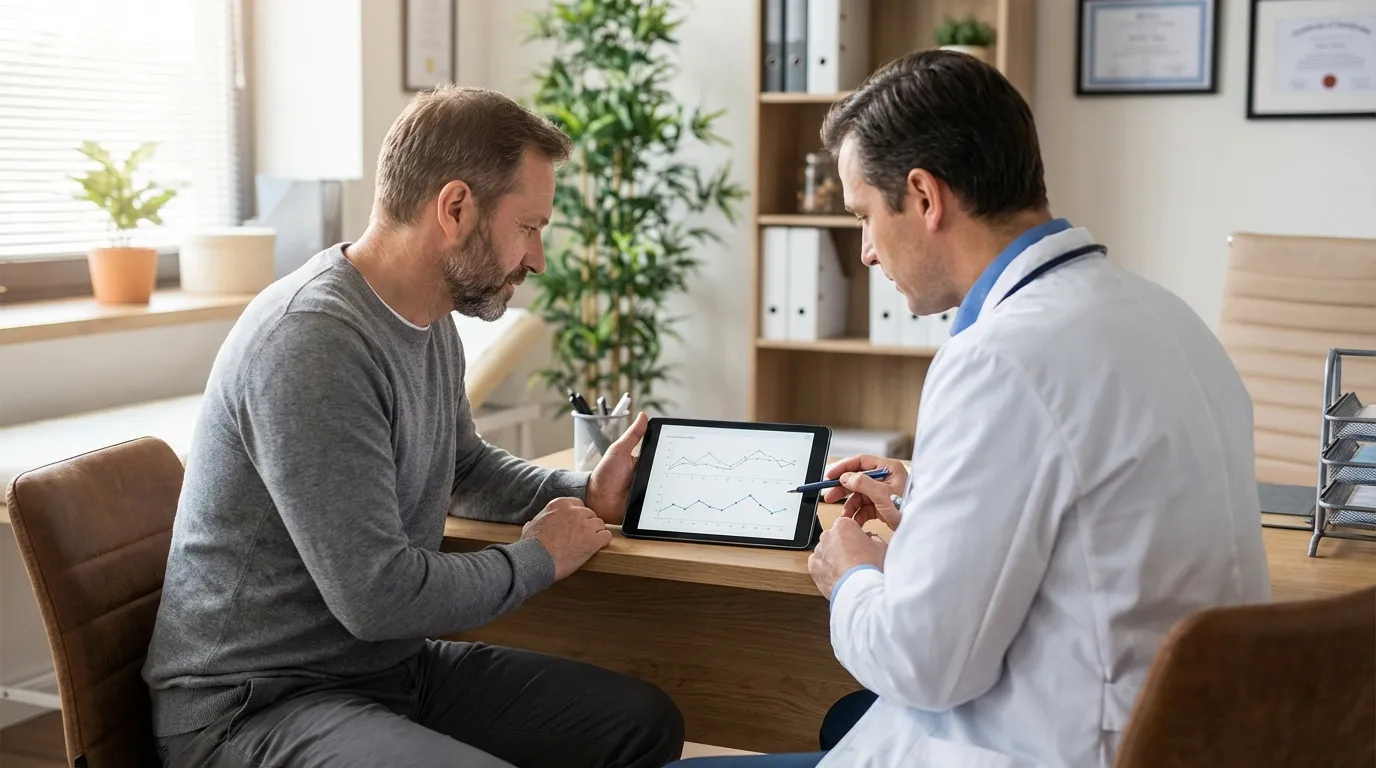 A doctor reviews complex data on a tablet with a man, discussing the benefits of testosterone replacement therapy.
