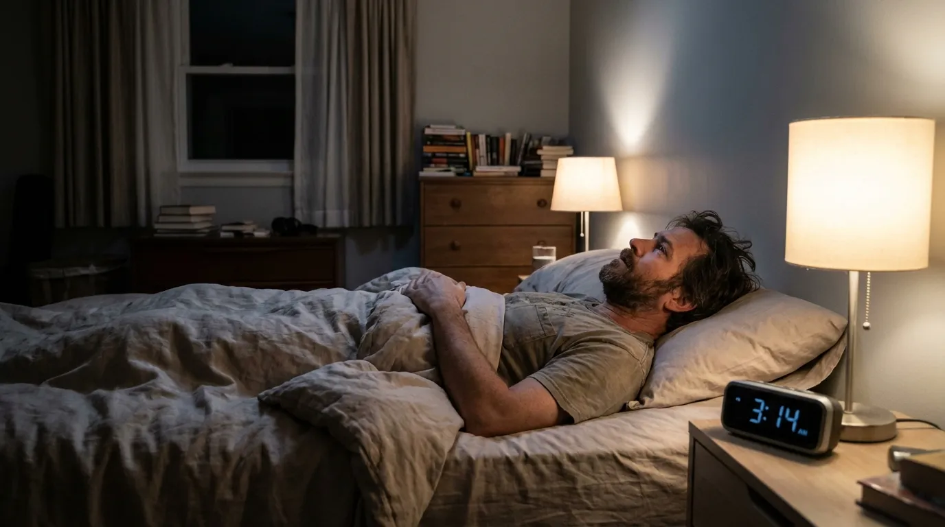 A man lies awake in his dimly lit bedroom at 3:14 AM, showing the restless nights men experience before seeking testosterone therapy.
